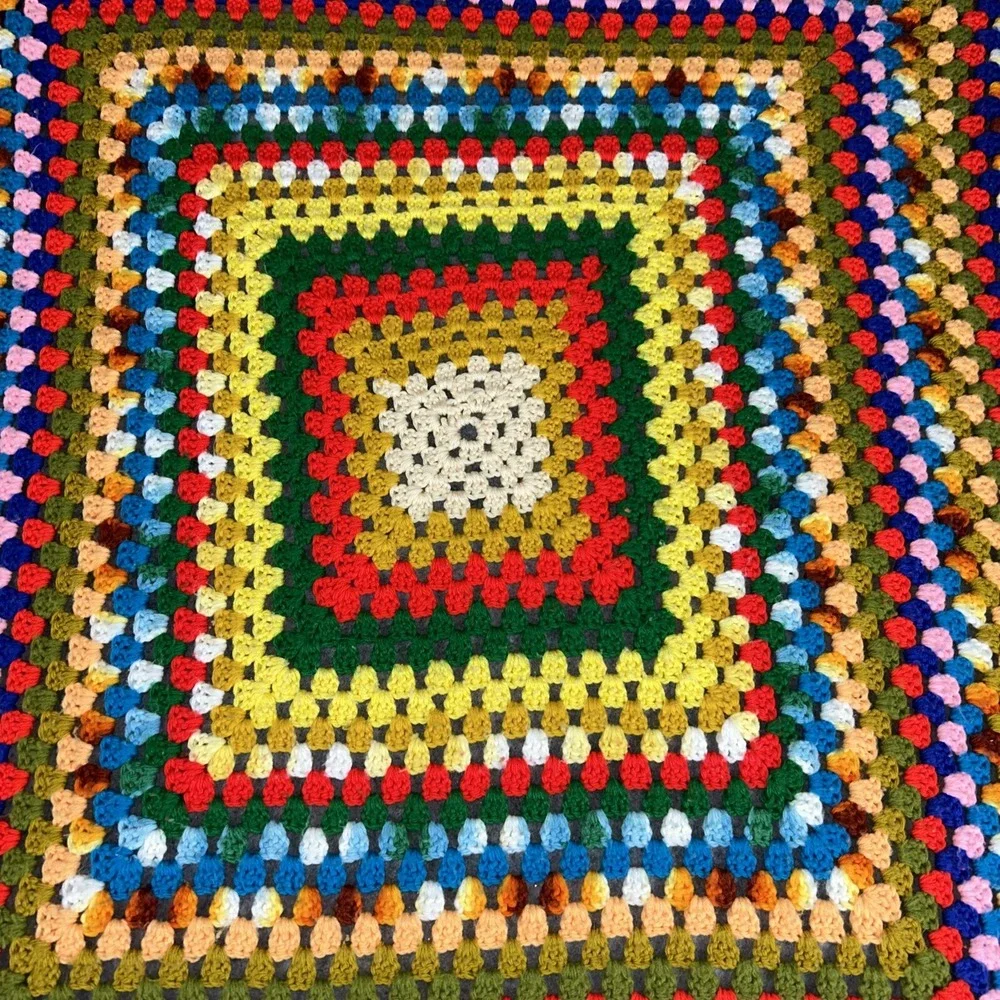 Vintage Optic Rainbow Afghan Handmade Crochet Square‎ Blanket Throw 90